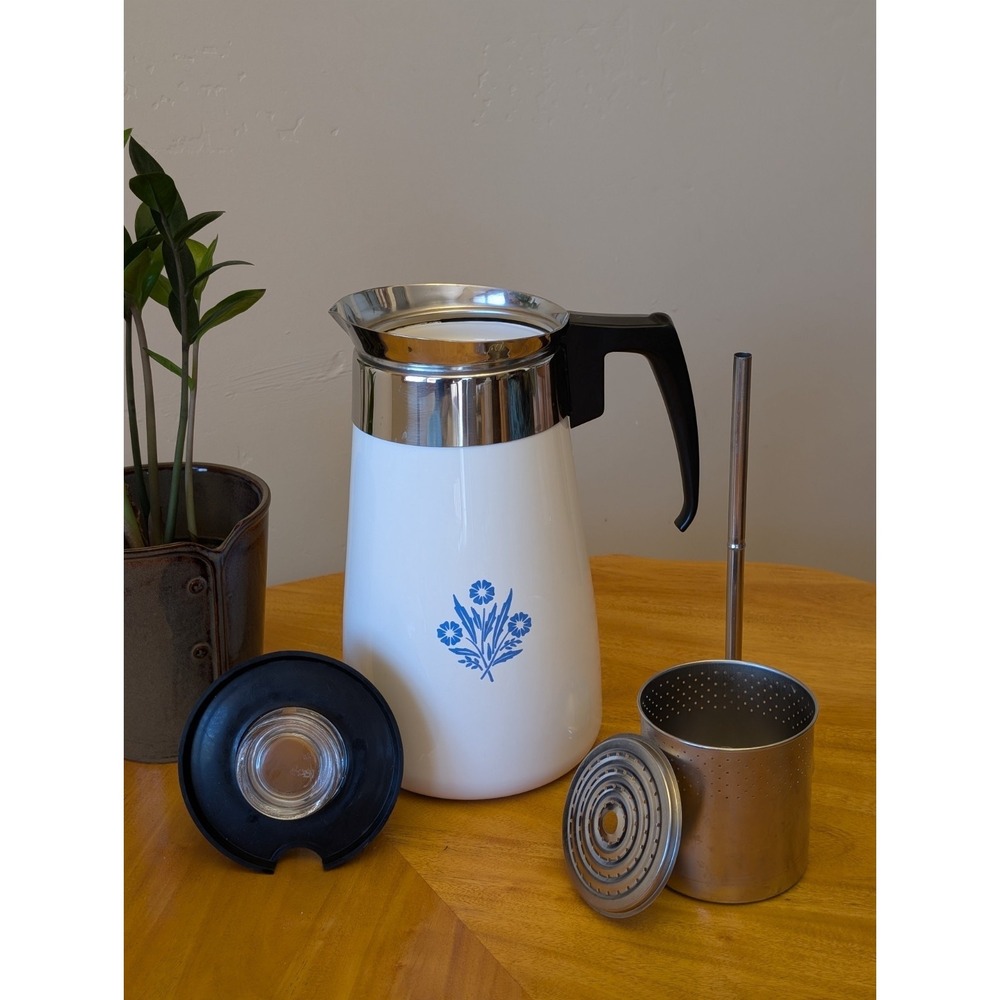 VTG Corn Ware Blue Cornflower 9 Cup Pot Lid Plastic Handle Complete Percolator